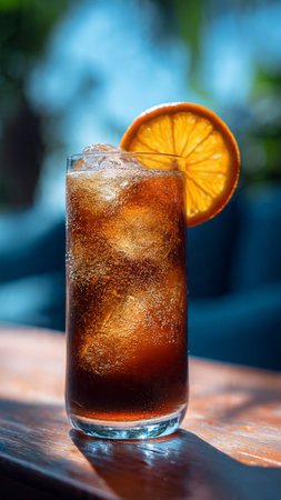 Cola with ice cubes and slice of orange on a wooden table.の写真素材