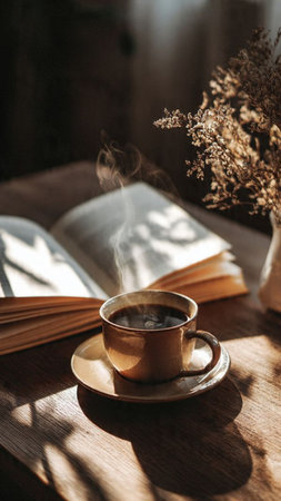 Cup of coffee with book on wooden table in morning light.の写真素材