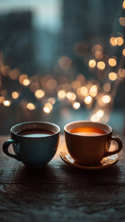 Two cups of tea on a wooden table on a background of bokeh lightsの写真素材