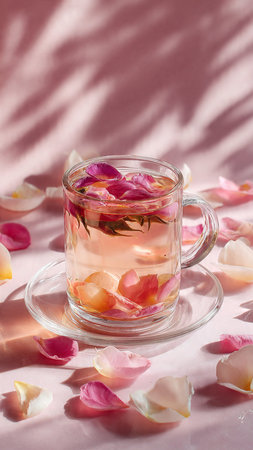 Glass cup of tea with rose petals on a pink background.の写真素材