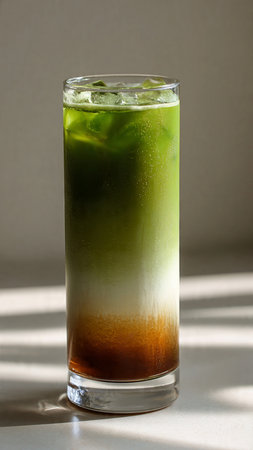 Iced green tea in a tall glass on a white table.の写真素材