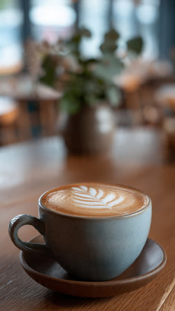 Coffee cup with latte art on wooden table in coffee shopの写真素材