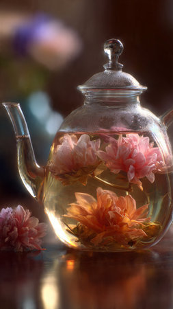 tea in a glass teapot on a background of flowersの写真素材
