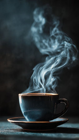 Cup of coffee with steam on dark background. Selective focusの写真素材