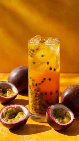 Passion fruit juice with ice cubes and passion fruit on yellow backgroundの写真素材