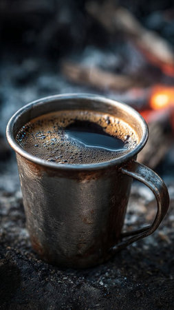 Coffee in a metal mug on the background of a campfireの写真素材