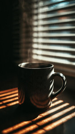 Cup of coffee on the window sill with sunlight and blindsの写真素材