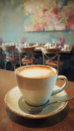 Cappuccino in a cup on a table in a cafeの写真素材