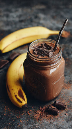 Chocolate banana smoothie in mason jar with chocolate pieces and fresh bananas on dark backgroundの写真素材