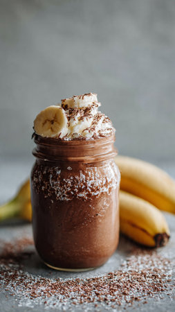 Chocolate smoothie with banana and whipped cream in a glass jarの写真素材