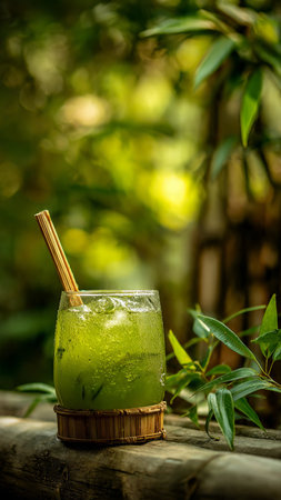 Iced green tea in a glass and bamboo straw on wooden tableの写真素材
