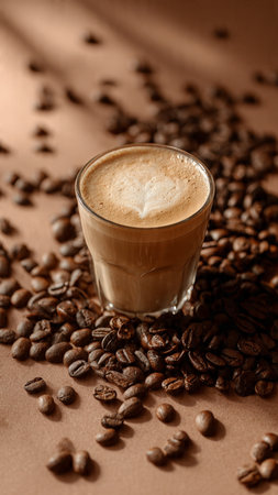 Coffee beans and glass of cappuccino on brown backgroundの写真素材