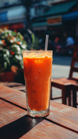 Iced thai tea in glass on wooden table, stock photoの写真素材