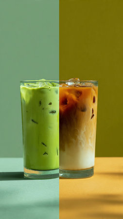 Iced coffee with milk and ice cubes on green and yellow backgroundの写真素材