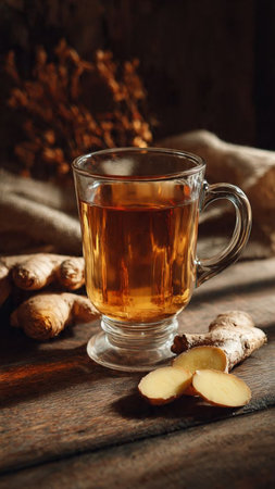 Ginger tea in a glass cup on a rustic wooden background.の写真素材
