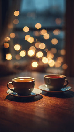 Two cups of coffee on a wooden table in front of the windowの写真素材