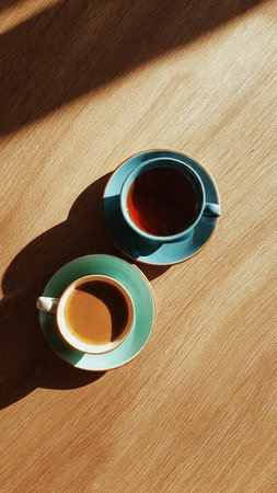 Two cups of coffee on a wooden table in the morning sunlight.の写真素材
