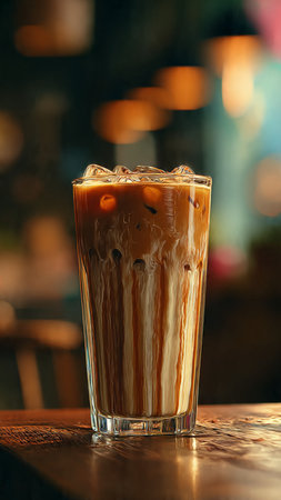 Iced coffee with milk in a tall glass on the table.の写真素材