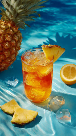 Pineapple cocktail with ice cubes, lemon and pineapple on blue background