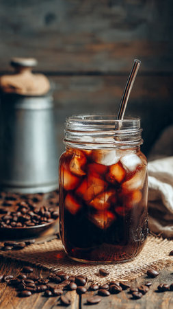 Iced coffee in a glass jar with a straw on a wooden backgroundの写真素材