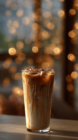 Iced coffee in glass on table against blurred lights, closeup