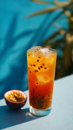 Passion fruit juice in a glass with ice on a blue backgroundの写真素材
