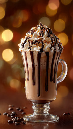 Hot chocolate with whipped cream and coffee beans on bokeh background