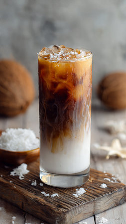 Iced coffee with milk in a glass on a wooden background.の写真素材