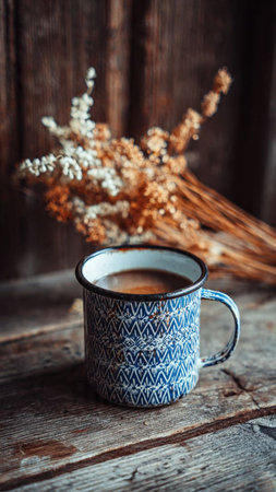 Coffee cup and dry flower on old wooden table, stock photoの写真素材