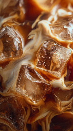 Iced coffee in glass with ice cubes close-up macro shotの写真素材