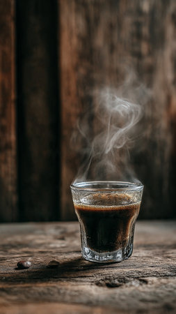 Coffee in a glass with smoke on old wooden background.の写真素材