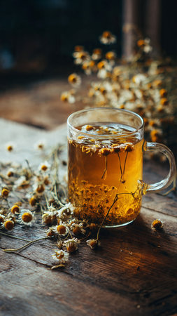 Herbal tea with chamomile flowers on a wooden tableの写真素材