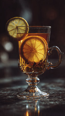 Glass of hot mulled wine with lemon slices on dark background.の写真素材