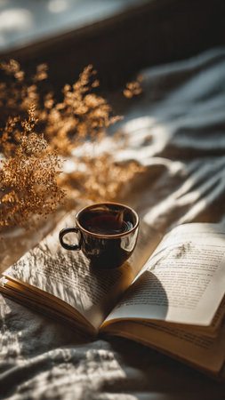 Cup of coffee and book on a bed in the morning.の写真素材