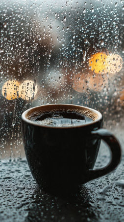 Cup of coffee with rain drops on the window in rainy dayの写真素材