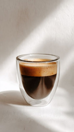 Coffee in a glass cup on a white background with shadowの写真素材