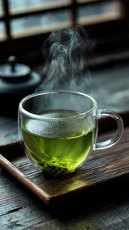 Green tea in a cup on a wooden tray on a dark backgroundの写真素材