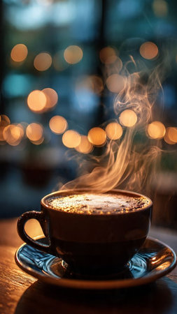 Cup of coffee on a wooden table in a cafe with bokeh backgroundの写真素材