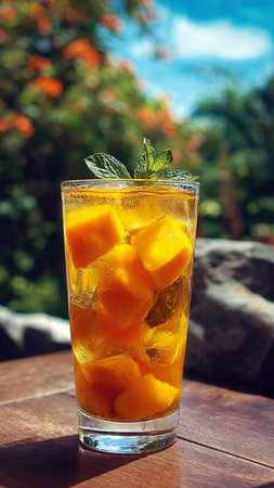Mango ice tea with mint and ice cubes on wooden table.の写真素材