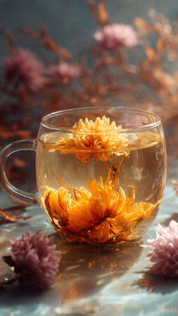 Cup of tea with chrysanthemum on a blue backgroundの写真素材