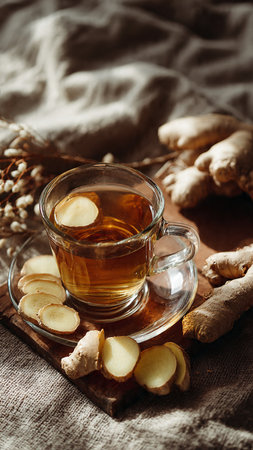 Cup of ginger tea with fresh ginger root on wooden board.