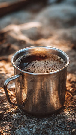 Coffee in a metal cup on the background of nature.の写真素材