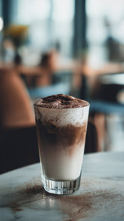 coffee latte with whipped cream in glass on table in cafeの写真素材