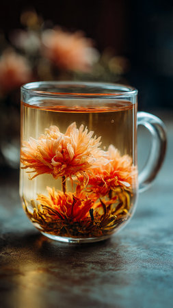 cup of herbal tea with chrysanthemum flowers on dark backgroundの写真素材