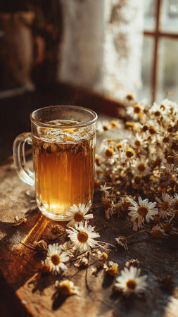 Cup of herbal tea with chamomile flowers on wooden tableの写真素材