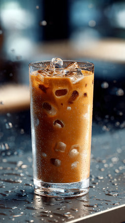 Iced coffee in a glass with ice cubes on the table.