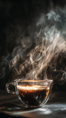Cup of coffee on a dark background with smoke and steam.の写真素材