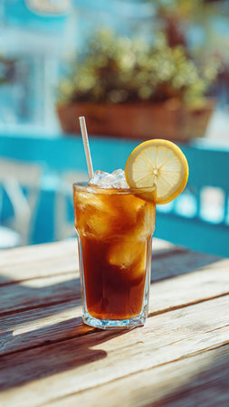 A glass of iced tea with ice and lemon on a wooden tableの写真素材