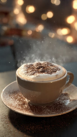 Cappuccino with cocoa powder on wooden table, closeupの写真素材