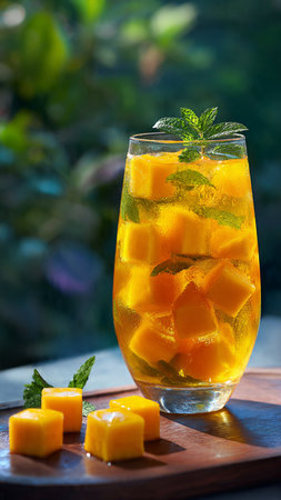 Mango lemonade with mint and ice cubes on a wooden tableの写真素材